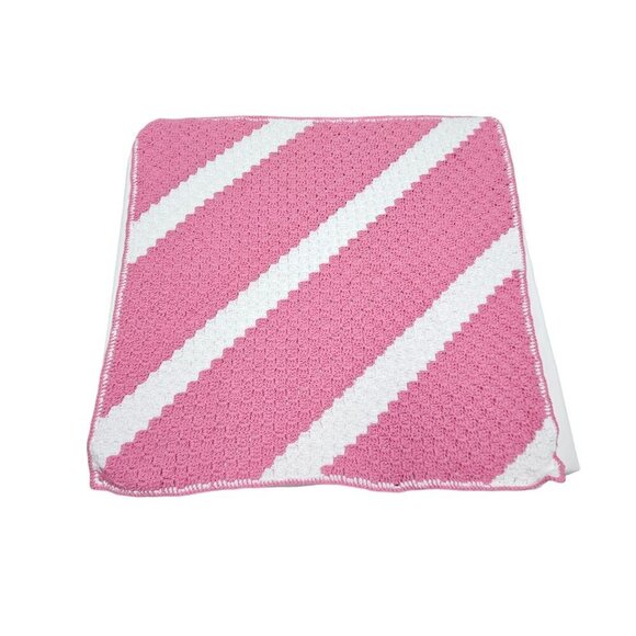 Lot Of 2 Handmade Crocheted Baby Blankets Diagonal Stripe 100% Acrylic Soft Cozy - Picture 2 of 9
